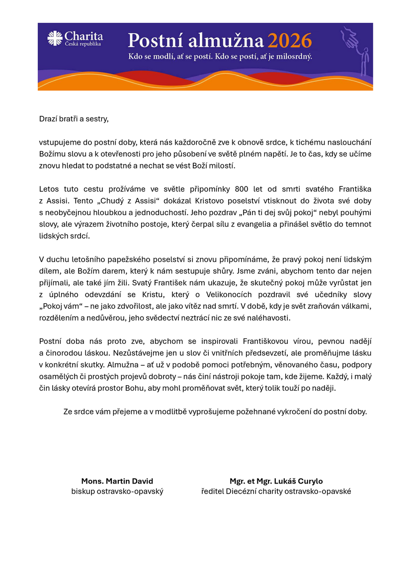 Postní almužna 2026_dopis biskupa